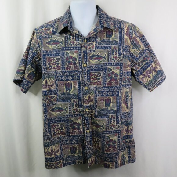 RJC Hawaiian Shirt Mens L Aloha Blue Fish Floral 100% Cotton Made in Hawaii - Picture 3 of 10